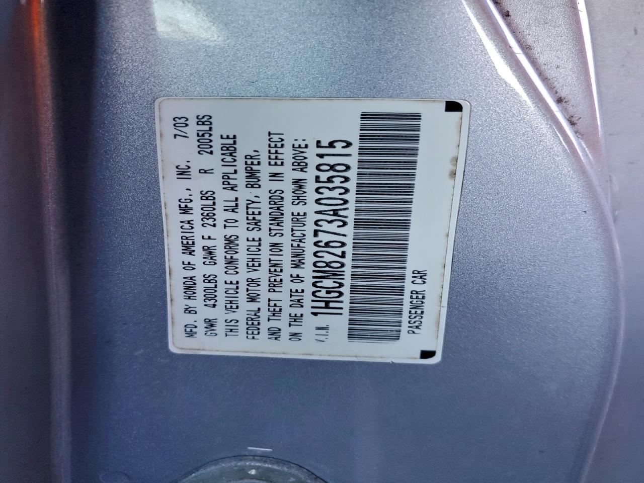 2003 Honda Accord Ex VIN: 1HGCM82673A035815 Lot: 93243435