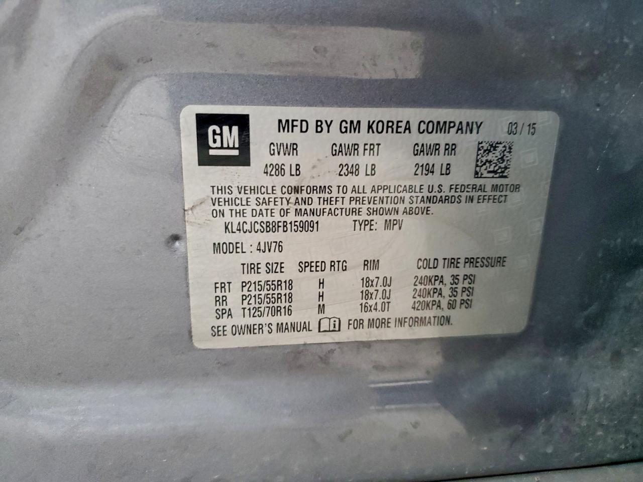 2015 Buick Encore VIN: KL4CJCSB8FB159091 Lot: 94121215