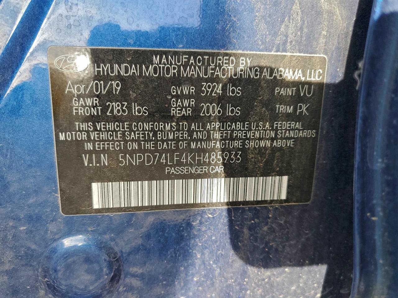 2019 Hyundai Elantra Se VIN: 5NPD74LF4KH485933 Lot: 94883825