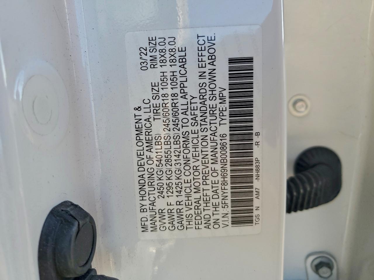 2022 Honda Passport Trail Sport VIN: 5FNYF8H69NB008616 Lot: 94106965