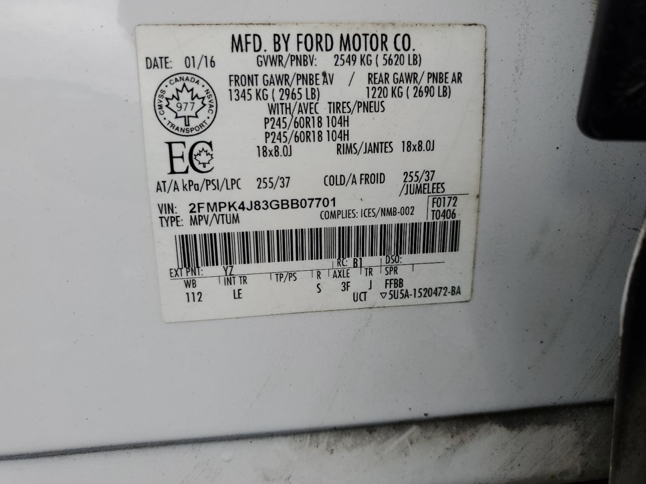 2016 Ford Edge Sel VIN: 2FMPK4J83GBB07701 Lot: 92918155