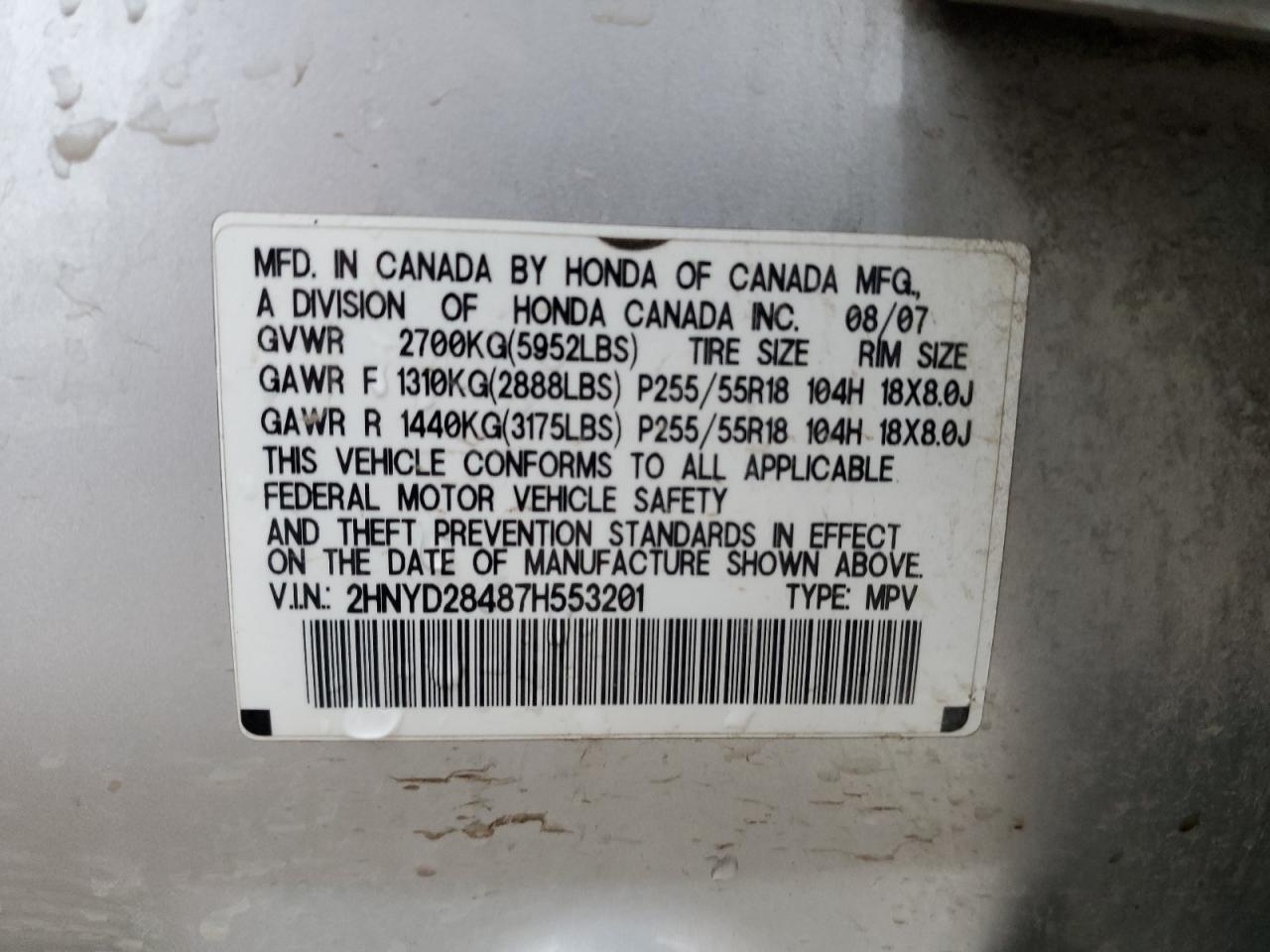 2007 Acura Mdx Technology VIN: 2HNYD28487H553201 Lot: 90997125