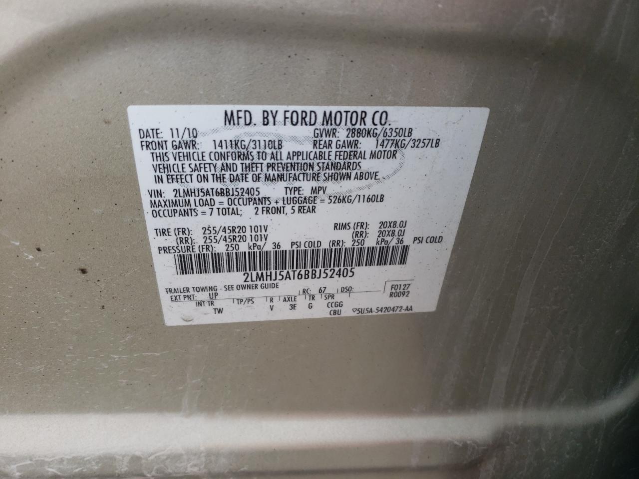 2011 Lincoln Mkt VIN: 2LMHJ5AT6BBJ52405 Lot: 91452975