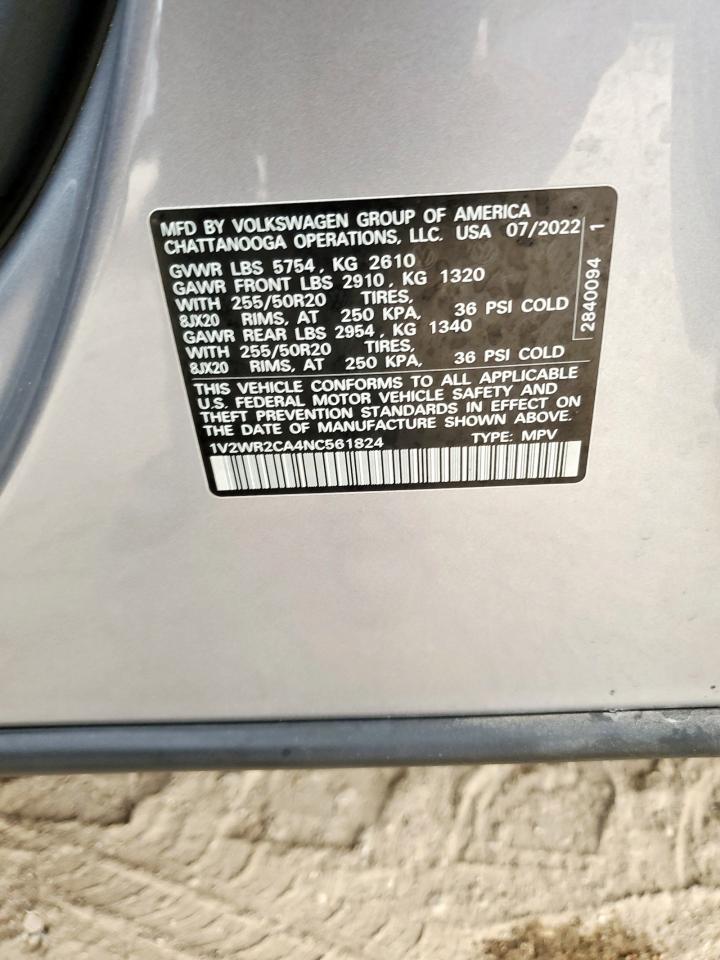 2022 Volkswagen Atlas Se VIN: 1V2WR2CA4NC561824 Lot: 92499795