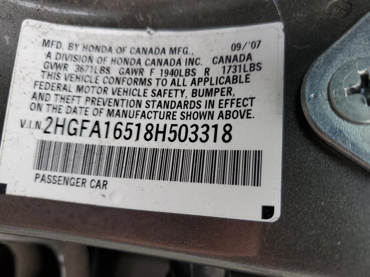 2008 Honda Civic Lx VIN: 2HGFA16518H503318 Lot: 93432365