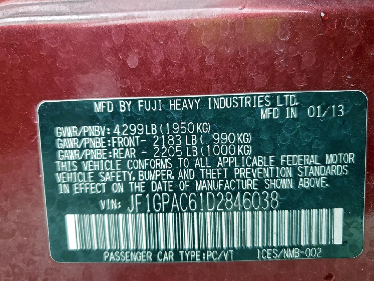 2013 Subaru Impreza Premium VIN: JF1GPAC61D2846038 Lot: 94121535