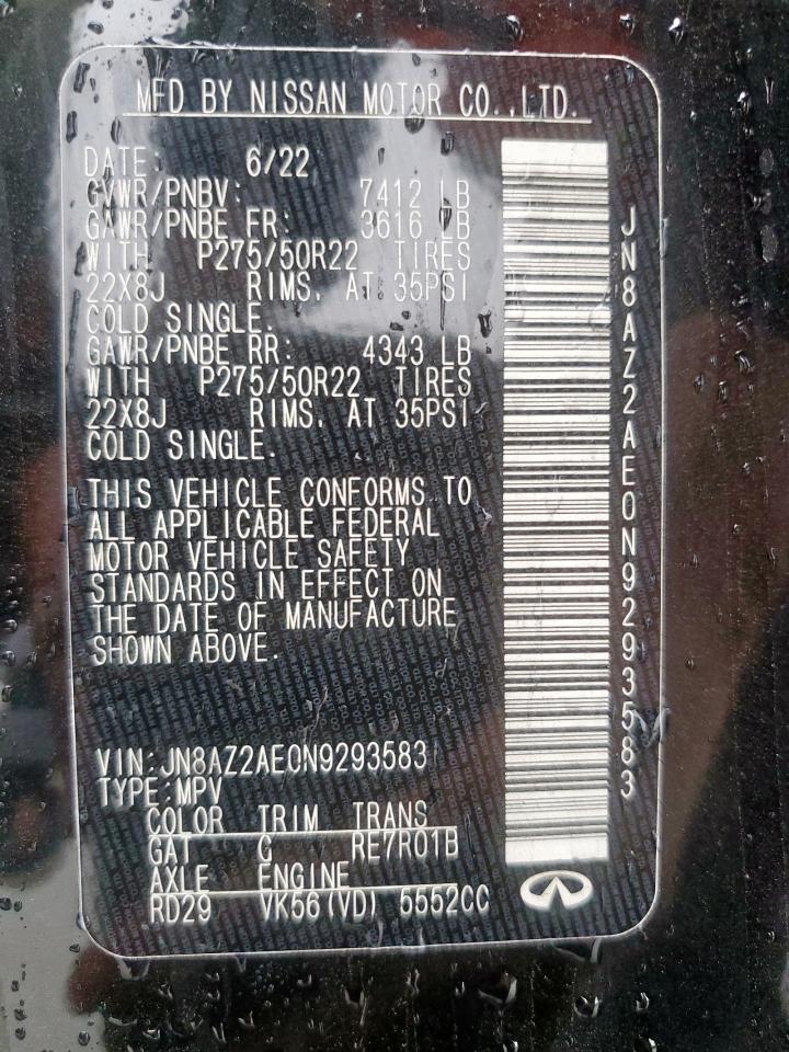 2022 Infiniti Qx80 Luxe VIN: JN8AZ2AE0N9293583 Lot: 93723185