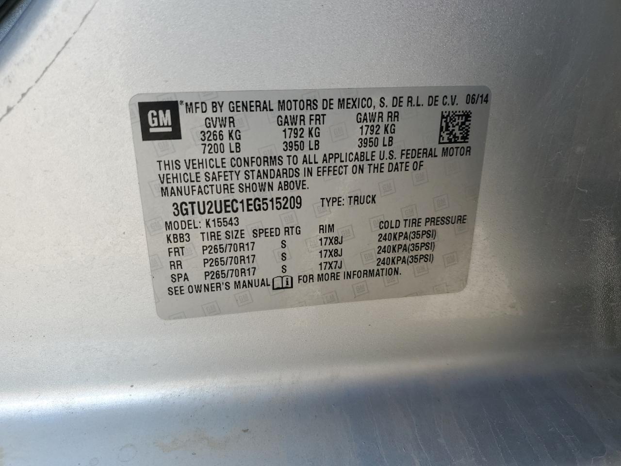 2014 GMC Sierra K1500 Sle VIN: 3GTU2UEC1EG515209 Lot: 92514585
