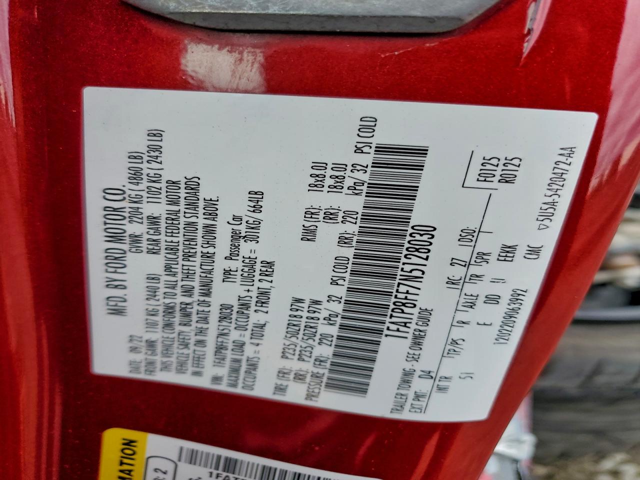 2022 Ford Mustang Gt VIN: 1FATP8FF7N5128030 Lot: 93775705