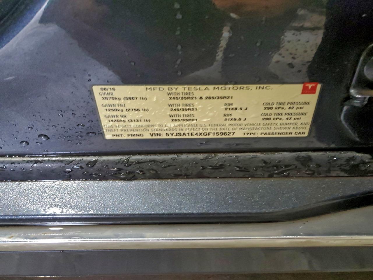 2016 Tesla Model S VIN: 5YJSA1E4XGF159627 Lot: 93038935