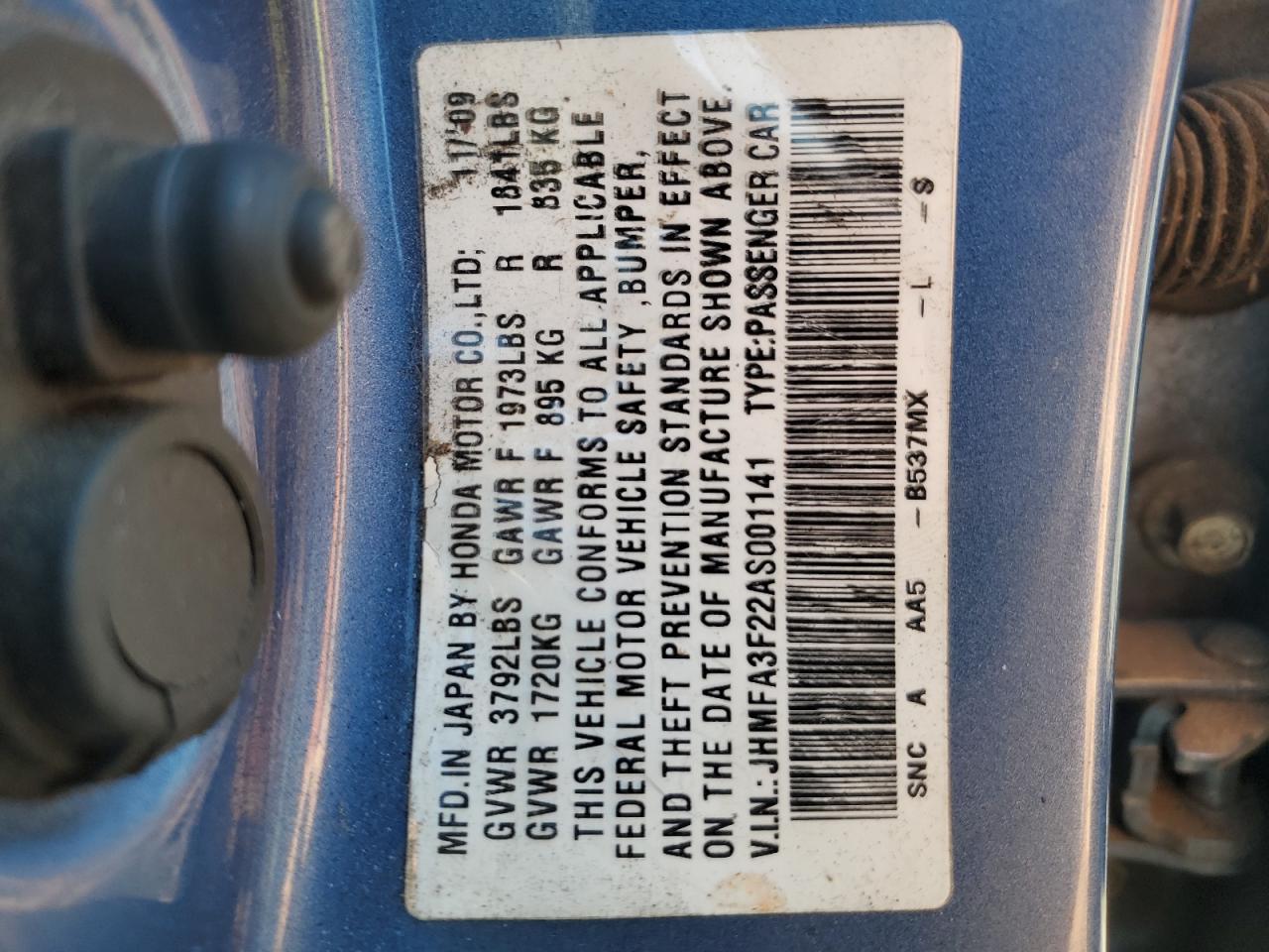 2010 Honda Civic Hybrid VIN: JHMFA3F22AS001141 Lot: 92531925