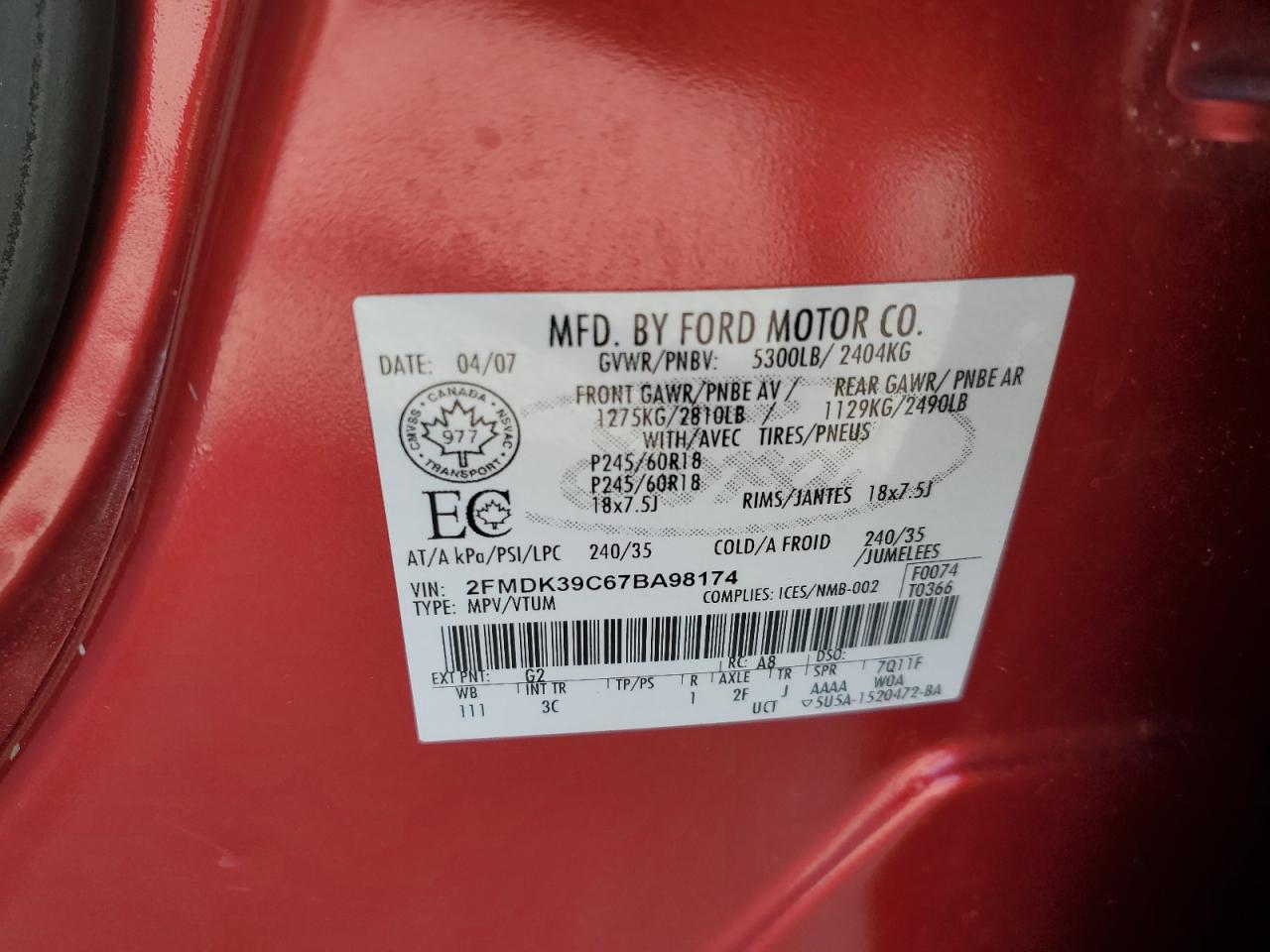 2007 Ford Edge Sel Plus VIN: 2FMDK39C67BA98174 Lot: 91466735