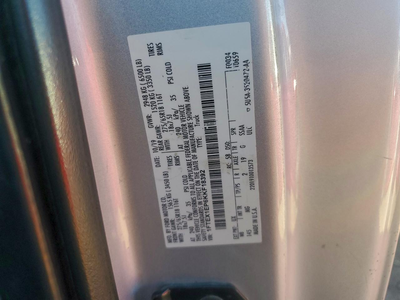 2019 Ford F150 Super Cab VIN: 1FTEX1EP6KKF18392 Lot: 94328195