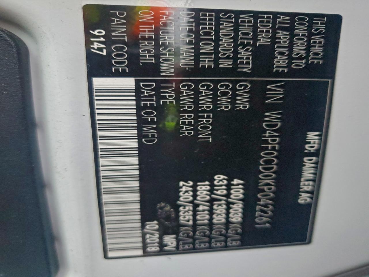 2019 Othe Sprinter 2500 4X2 H VIN: WD4PF0CD0KP042261 Lot: 93811705