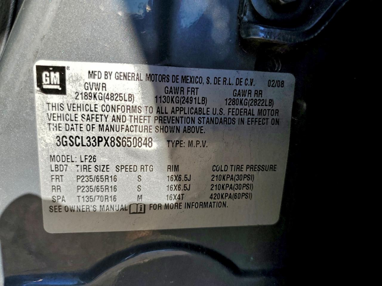 2008 Saturn Vue Xe VIN: 3GSCL33PX8S650848 Lot: 94692265