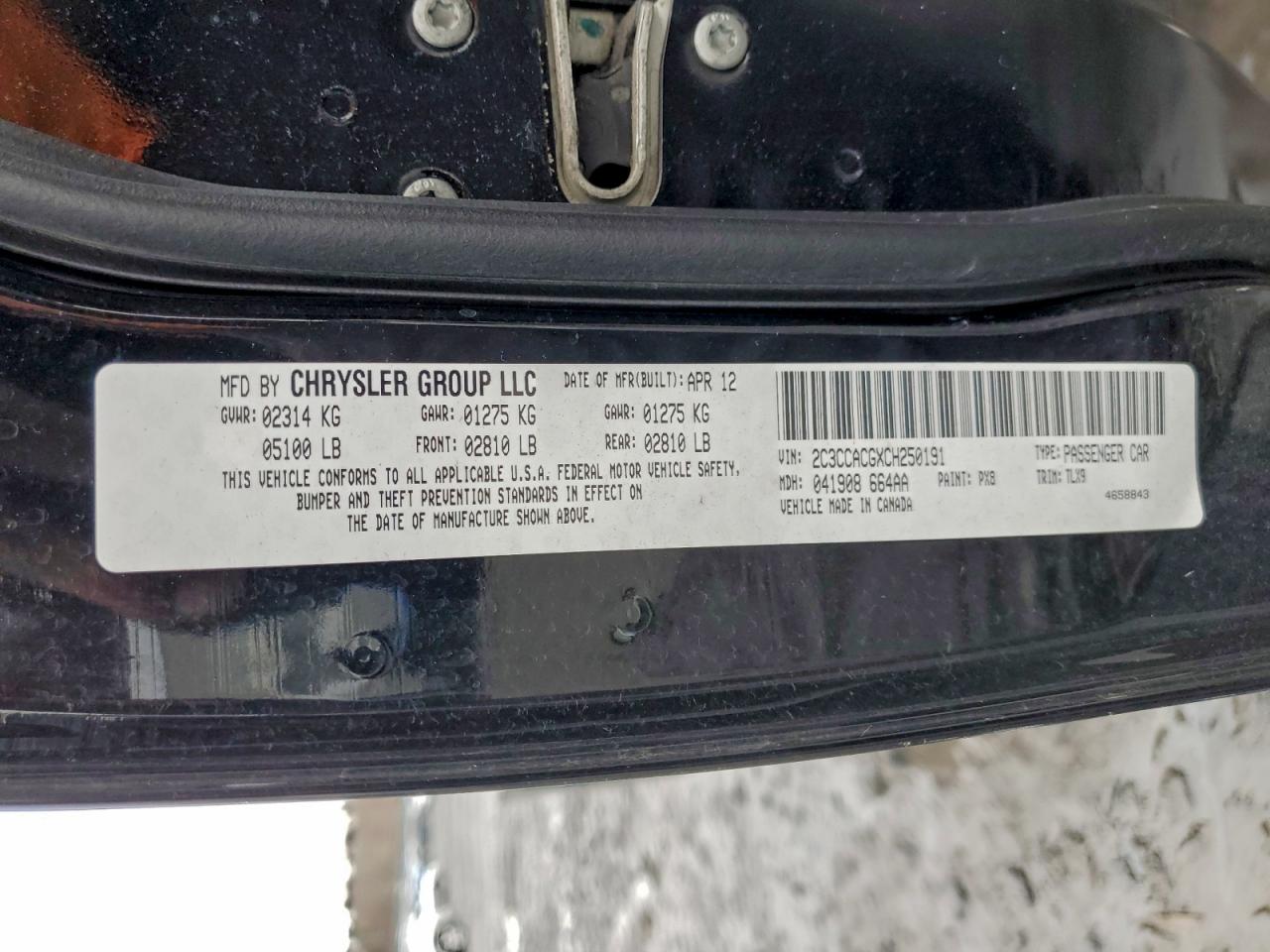 2012 Chrysler 300 Limited VIN: 2C3CCACGXCH250191 Lot: 93946835