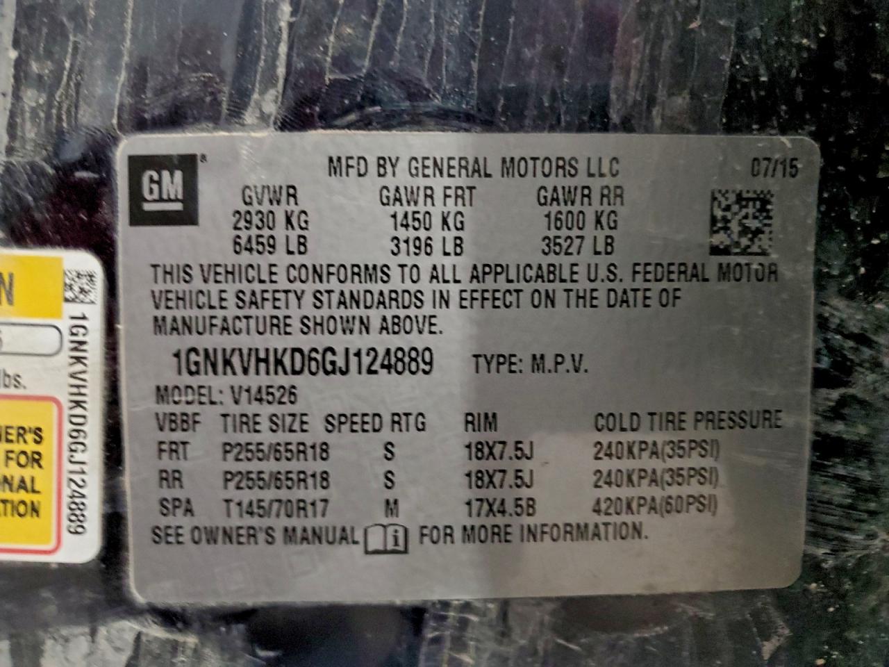 2016 Chevrolet Traverse Lt VIN: 1GNKVHKD6GJ124889 Lot: 94332175