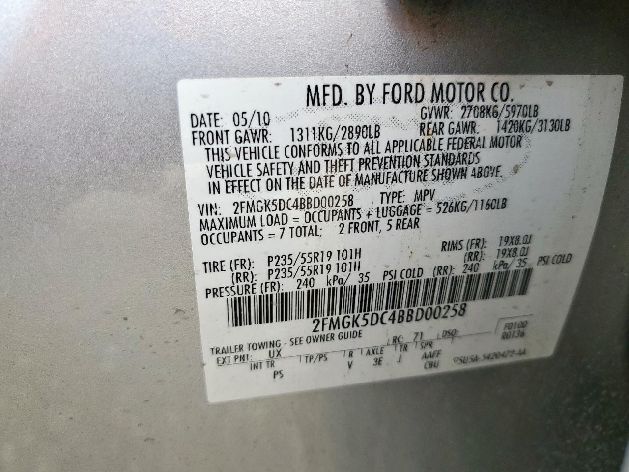 2011 Ford Flex Limited VIN: 2FMGK5DC4BBD00258 Lot: 93067925