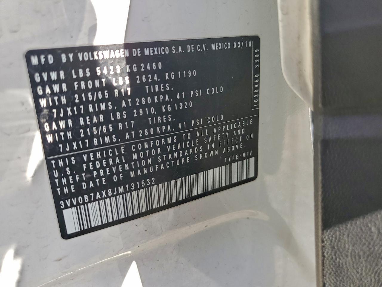 2018 Volkswagen Tiguan S VIN: 3VV0B7AX8JM131532 Lot: 94138965