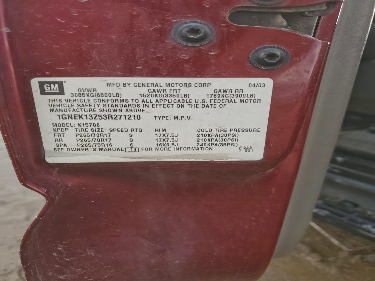 2003 Chevrolet Tahoe K1500 VIN: 1GNEK13Z53R271210 Lot: 94351685