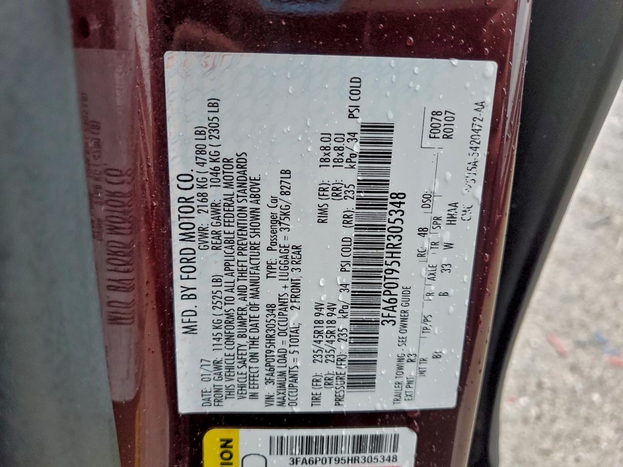 2017 Ford Fusion Se VIN: 3FA6P0T95HR305348 Lot: 93531065