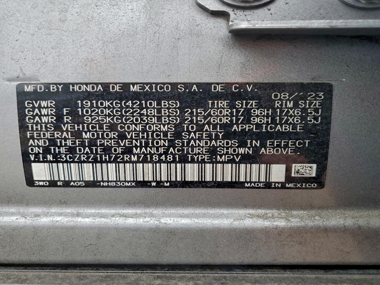 2024 Honda Hr-V Exl VIN: 3CZRZ1H72RM718481 Lot: 93782015