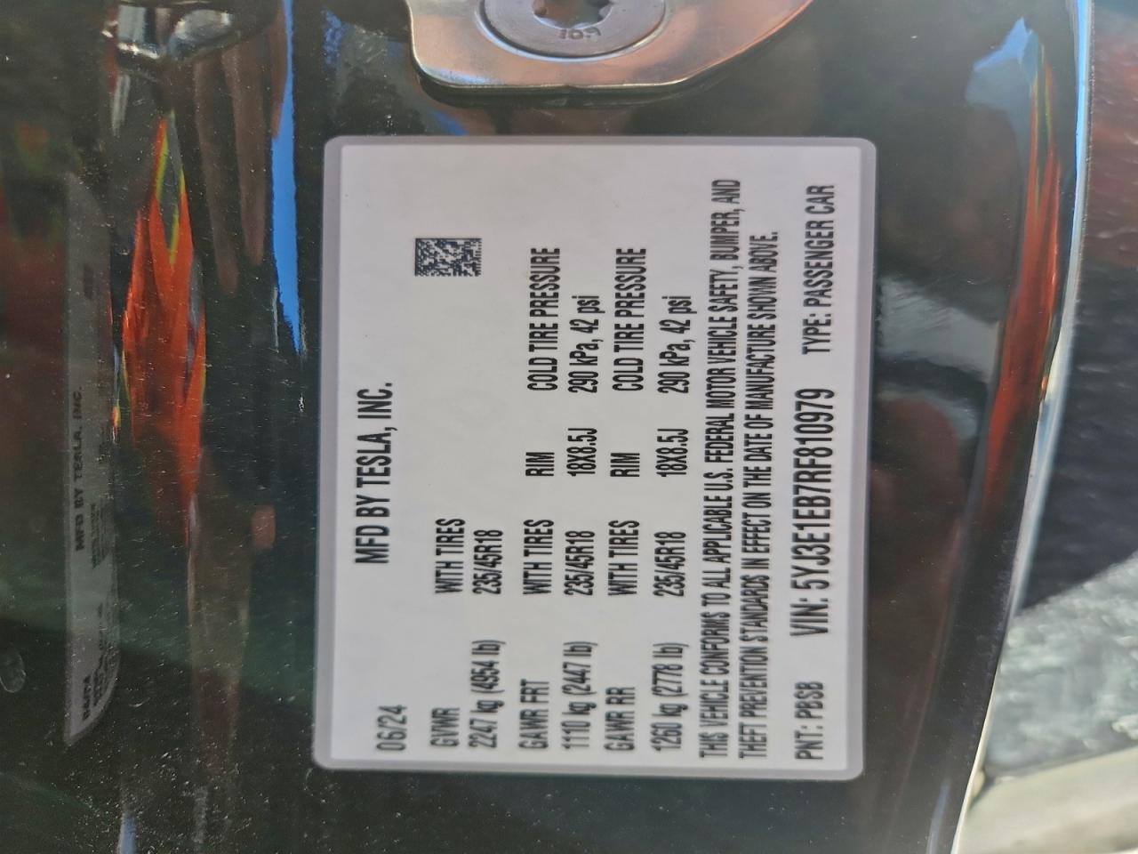 2024 Tesla Model 3 VIN: 5YJ3E1EB7RF810979 Lot: 94268535