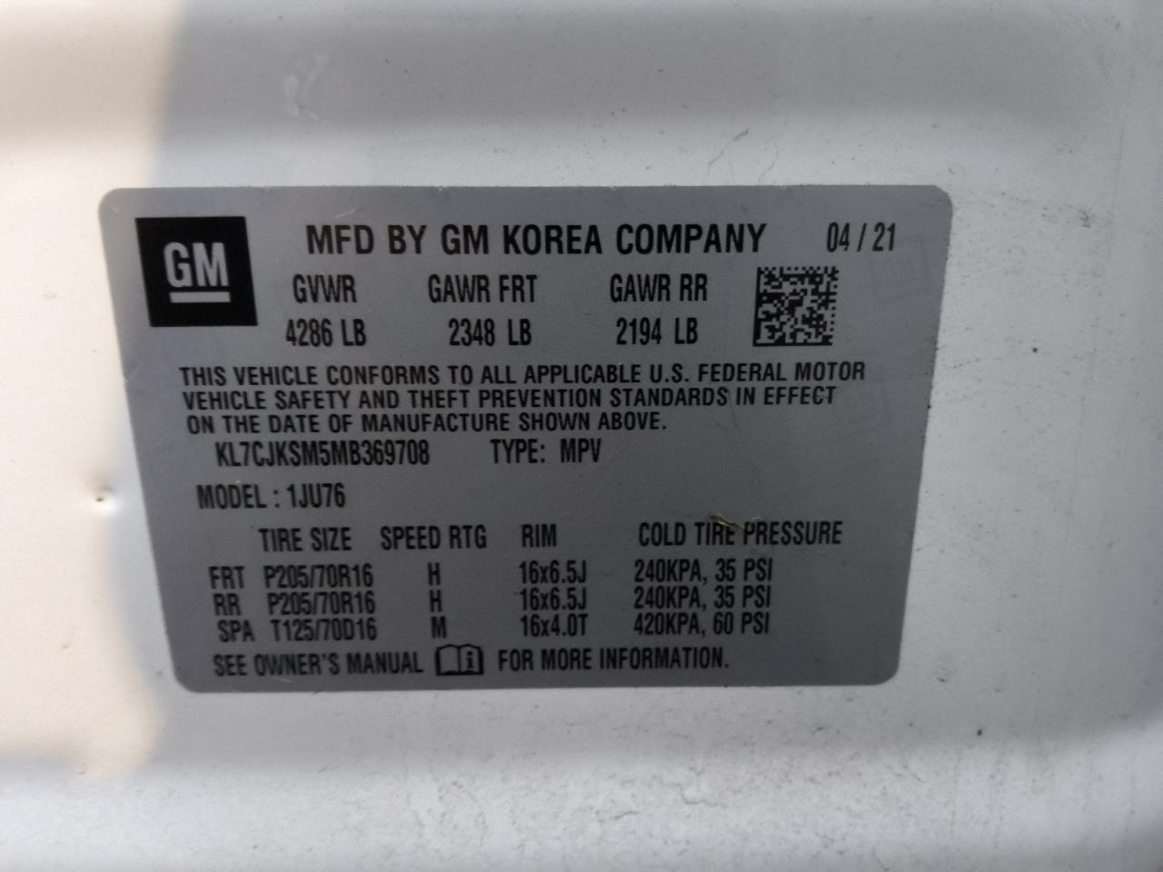 2021 Chevrolet Trax Ls VIN: KL7CJKSM5MB369708 Lot: 92041205