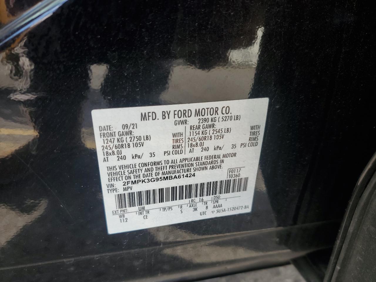 2021 Ford Edge Se VIN: 2FMPK3G95MBA61424 Lot: 91454745