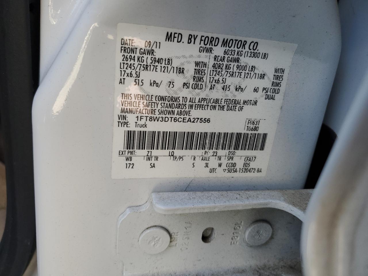 2012 Ford F350 Super Duty VIN: 1FT8W3DT6CEA27556 Lot: 92247165