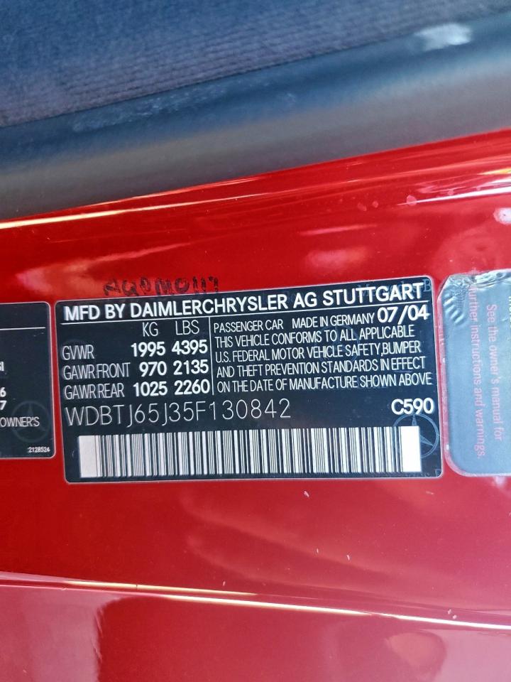 2005 Mercedes-Benz Clk 320C VIN: WDBTJ65J35F130842 Lot: 93094685