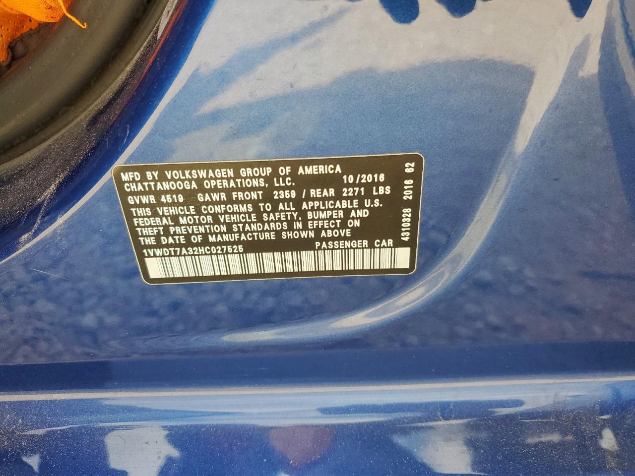 2017 Volkswagen Passat R-Line VIN: 1VWDT7A32HC027525 Lot: 93367725