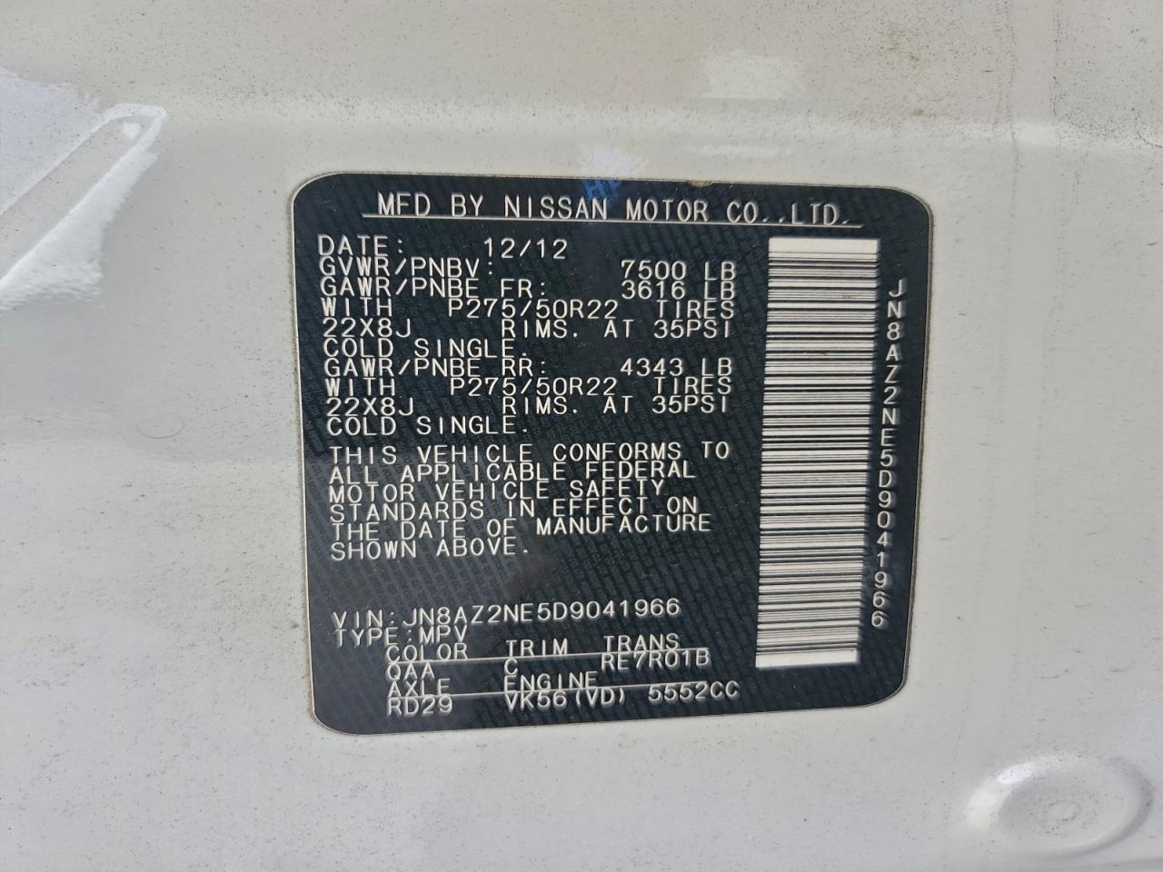 2013 Infiniti Qx56 VIN: JN8AZ2NE5D9041966 Lot: 94251765