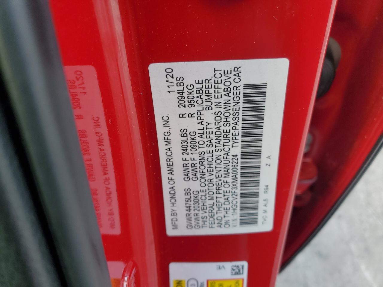 2021 Honda Accord Sport VIN: 1HGCV2F3XMA006224 Lot: 93497695