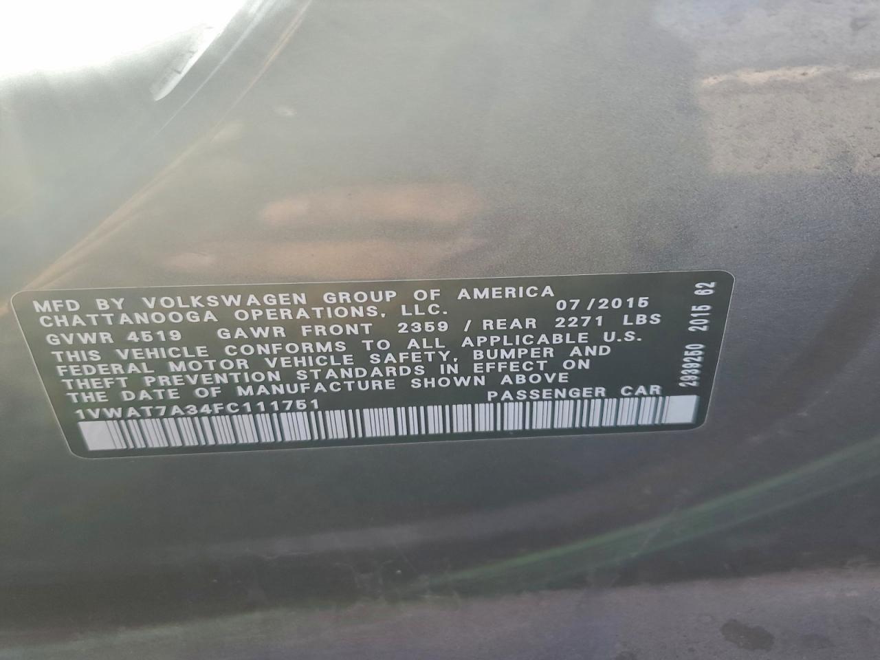 2015 Volkswagen Passat S VIN: 1VWAT7A34FC111751 Lot: 94430085