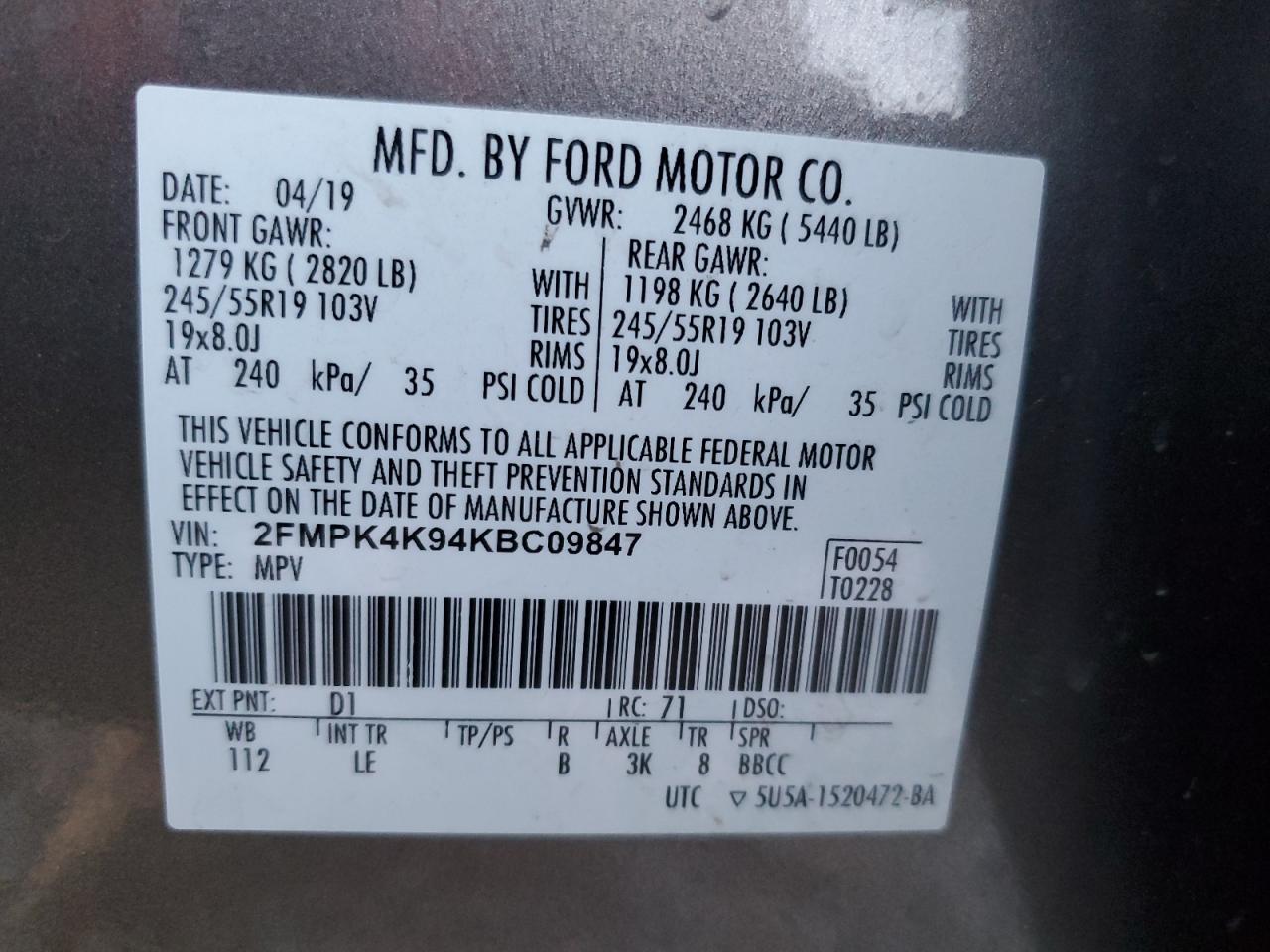 2019 Ford Edge Titanium VIN: 2FMPK4K94KBC09847 Lot: 92575895