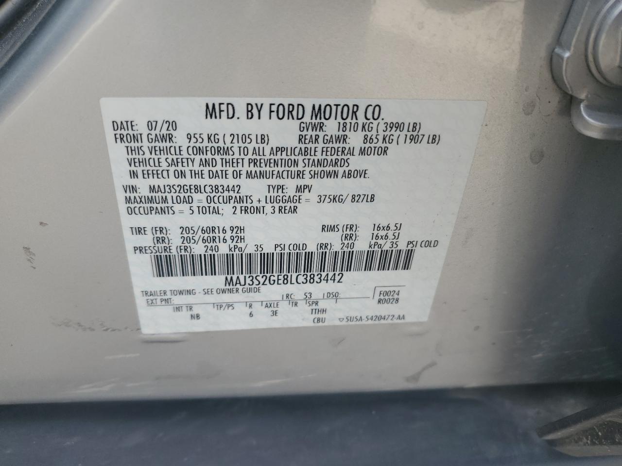 2020 Ford Ecosport Se VIN: MAJ3S2GE8LC383442 Lot: 92823595