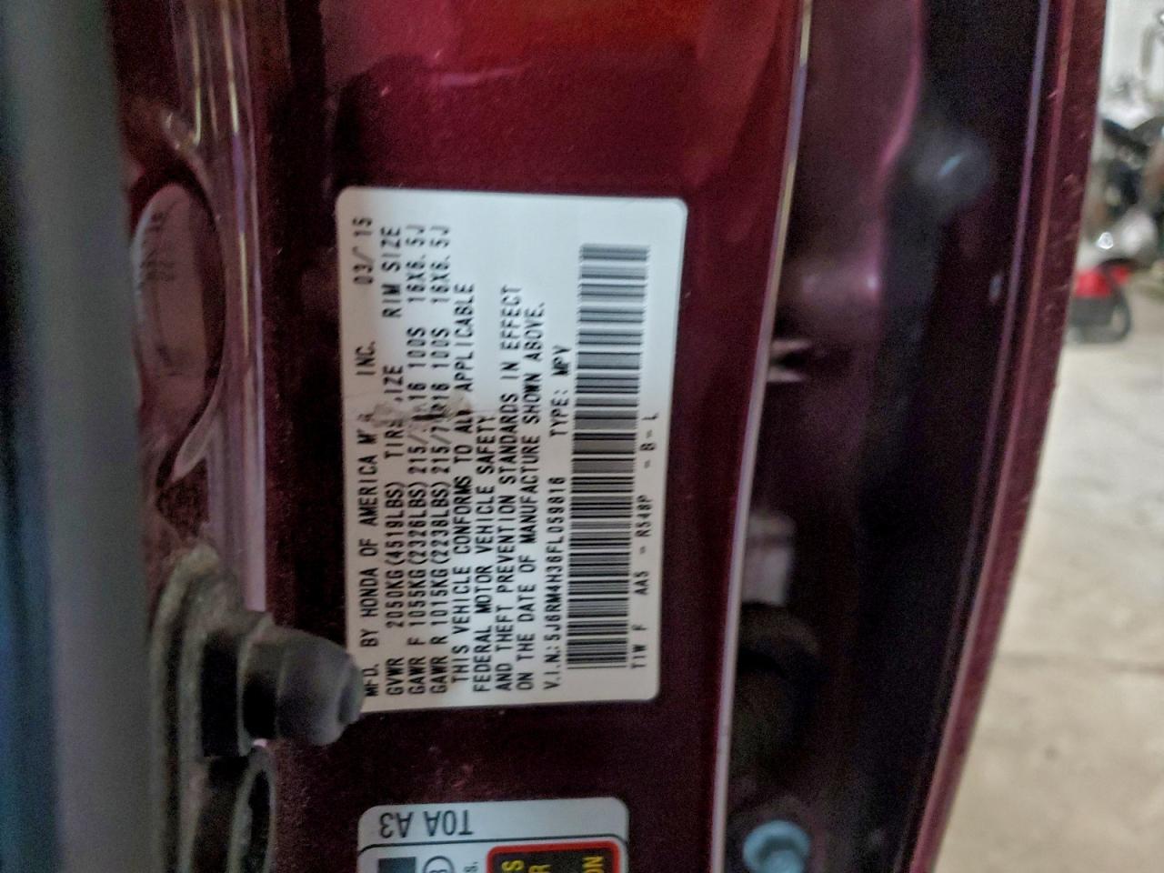 2015 Honda Cr-V Lx VIN: 5J6RM4H36FL059816 Lot: 94221505