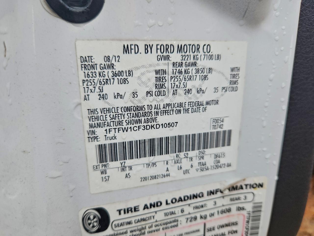 2013 Ford F150 Supercrew VIN: 1FTFW1CF3DKD10507 Lot: 94632095