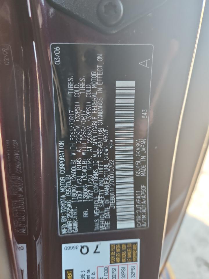 2007 Toyota Fj Cruiser VIN: JTEBU11F270010752 Lot: 93287005