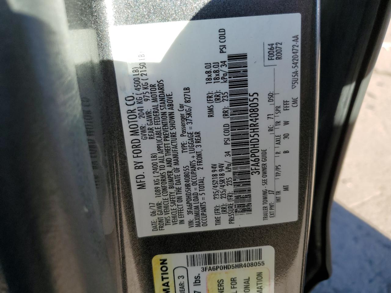 2017 Ford Fusion Se VIN: 3FA6P0HD5HR408055 Lot: 91089725