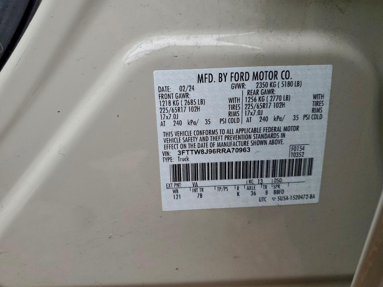 2024 Ford Maverick Xlt VIN: 3FTTW8J96RRA70963 Lot: 94445815