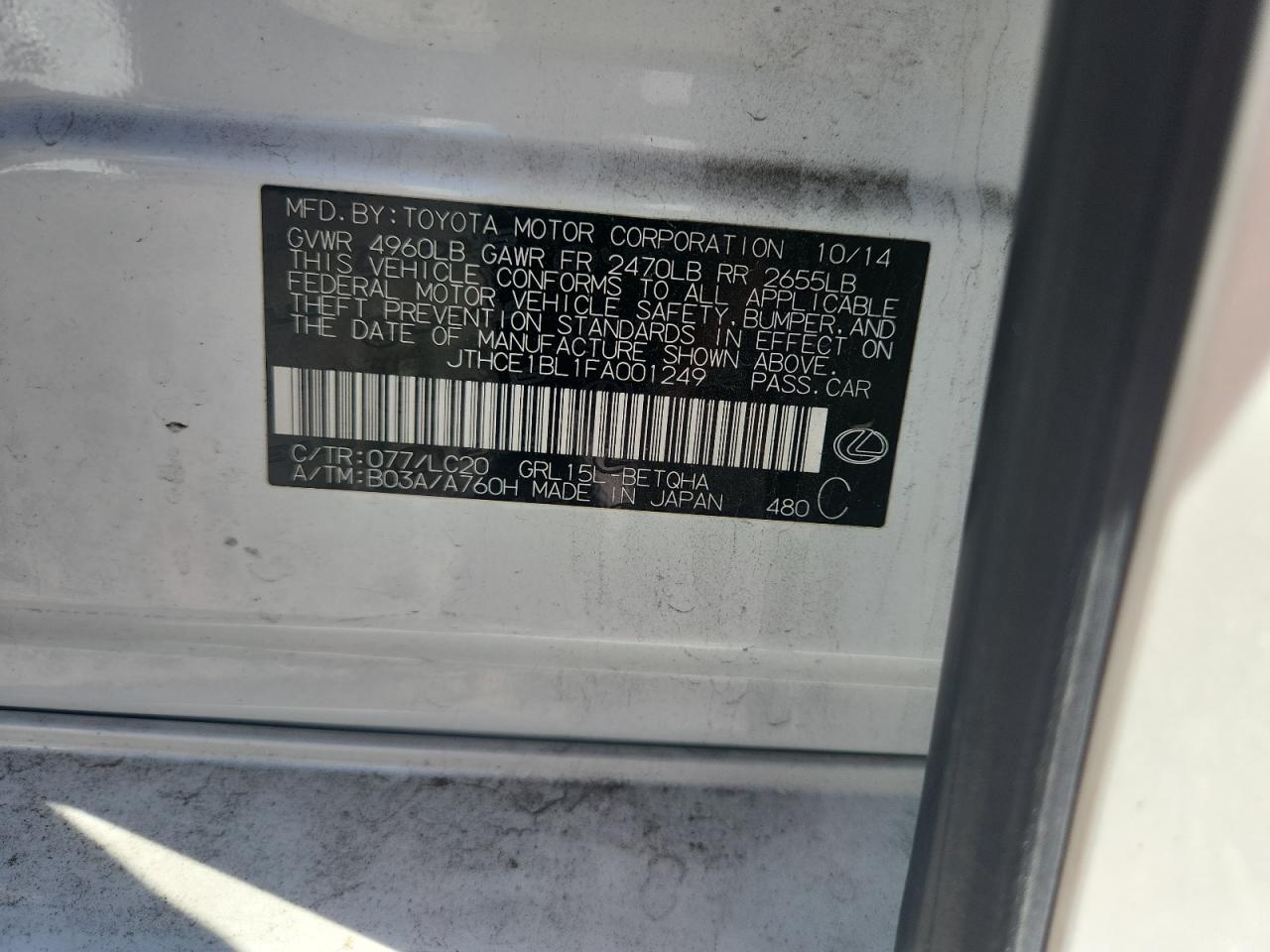 2015 Lexus Gs 350 VIN: JTHCE1BL1FA001249 Lot: 91986985