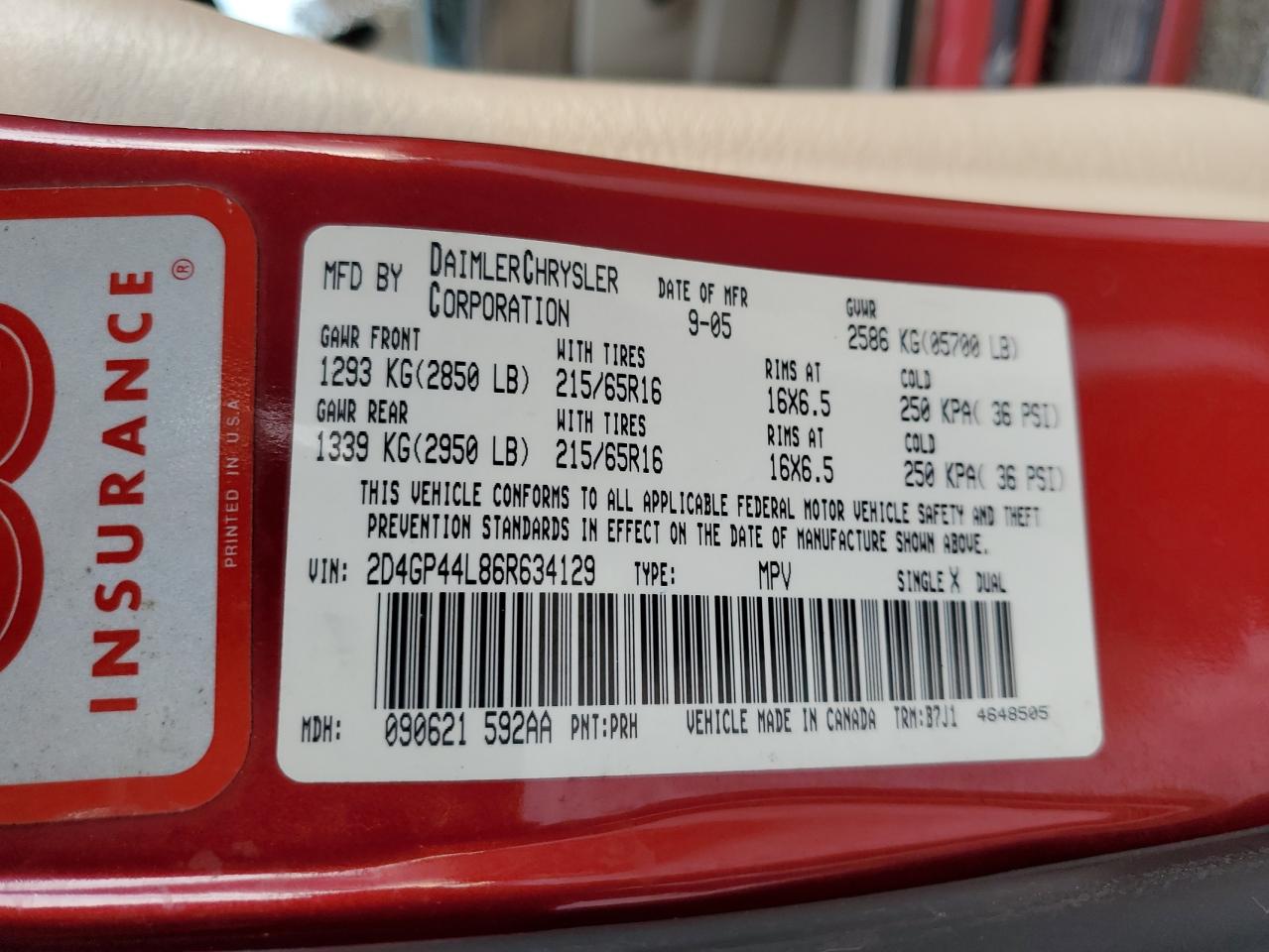 2006 Dodge Grand Caravan Sxt VIN: 2D4GP44L86R634129 Lot: 93251055