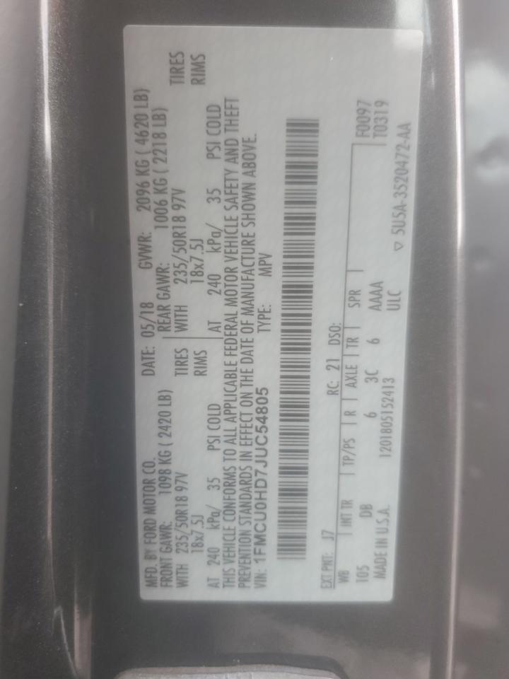 2018 Ford Escape Sel VIN: 1FMCU0HD7JUC54805 Lot: 90811515