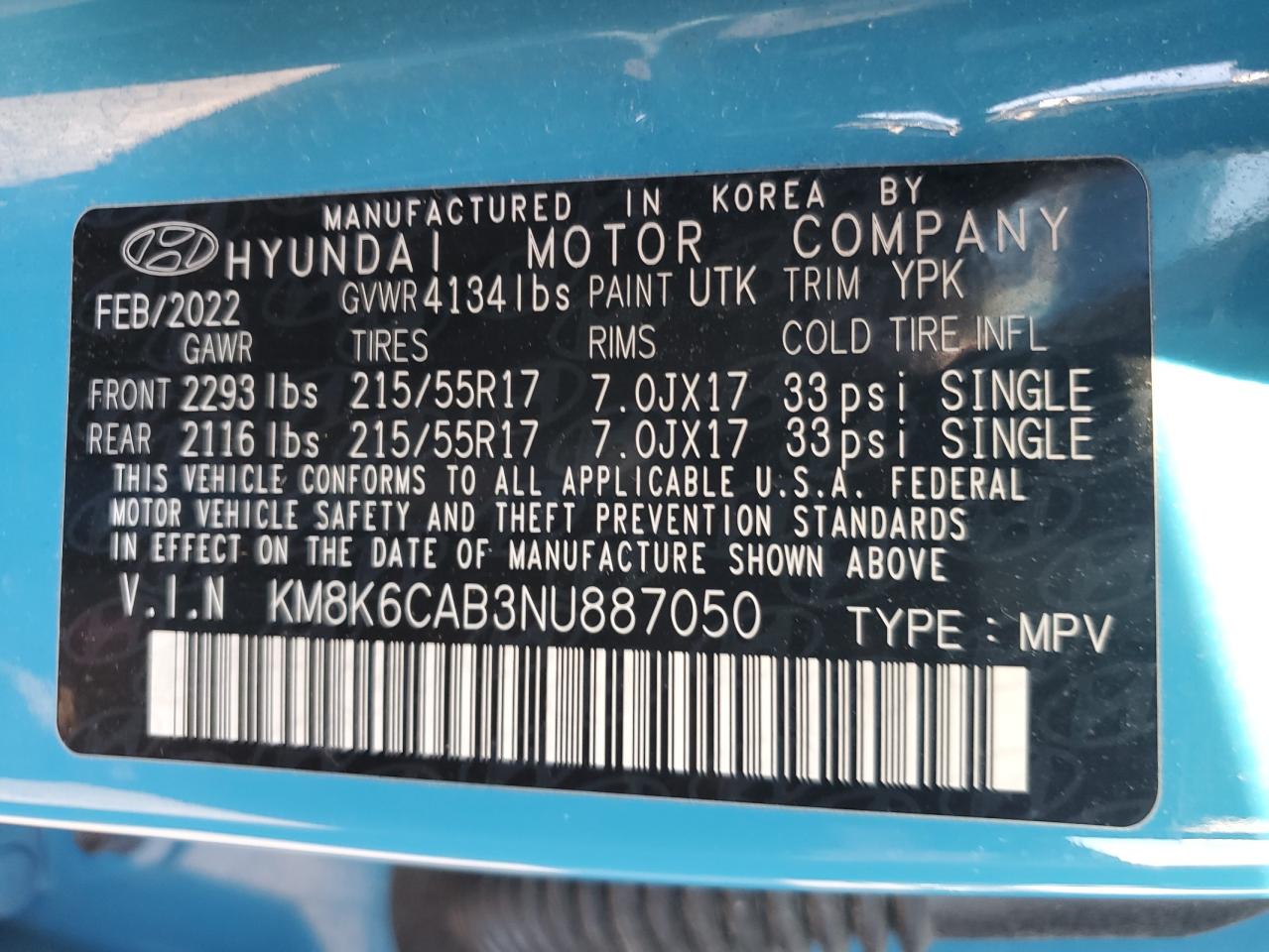 2022 Hyundai Kona Sel VIN: KM8K6CAB3NU887050 Lot: 92620325