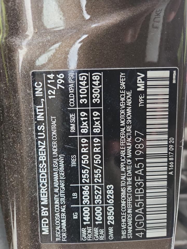 2015 Mercedes-Benz Ml 350 4Matic VIN: 4JGDA5HB3FA519897 Lot: 91870415