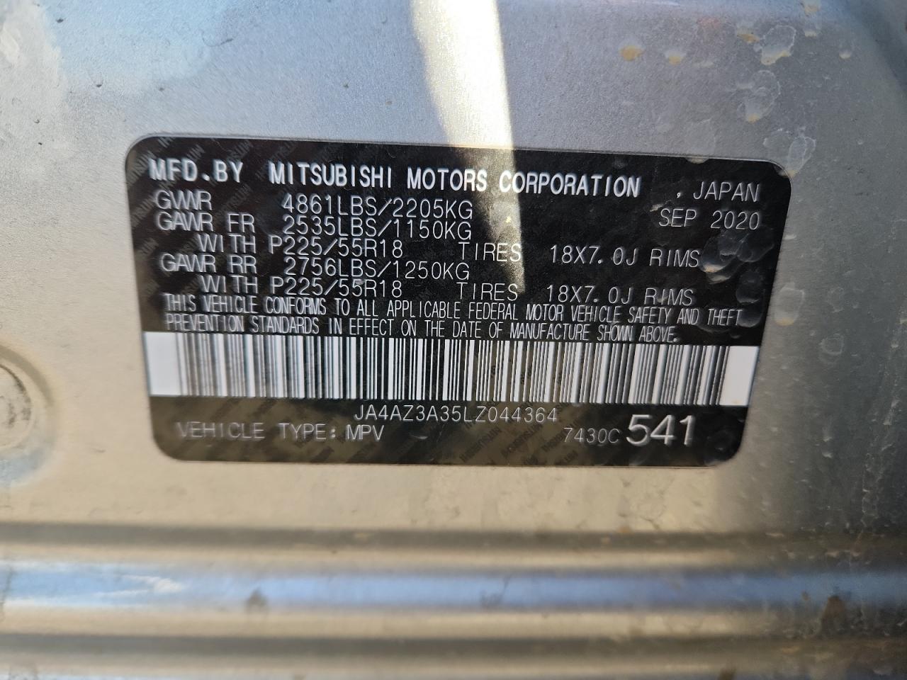 2020 Mitsubishi Outlander Se VIN: JA4AZ3A35LZ044364 Lot: 93532805