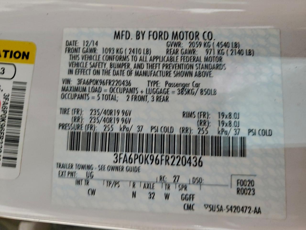 2015 Ford Fusion Titanium VIN: 3FA6P0K96FR220436 Lot: 93844005