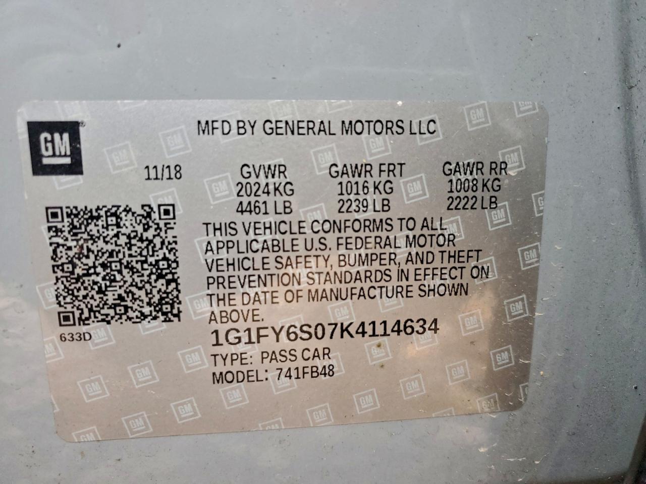 2019 Chevrolet Bolt Ev Lt VIN: 1G1FY6S07K4114634 Lot: 94164675